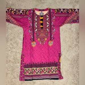 Khaadi Kurta Self Printed Long Sleeves Vibrant Pink/Black/Orange Size 12